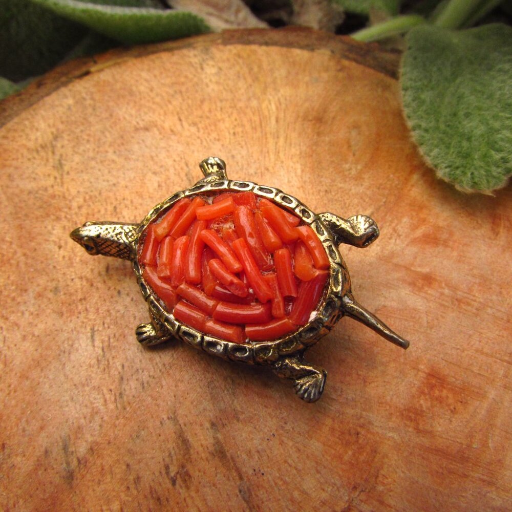 Coral PIn | Turtle Pin | Antique Brooch | Natural Coral Jewelry